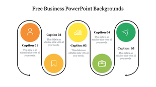 Five-step business diagram with circular icons connected by curved arrows, each labeled with caption areas.