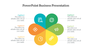 Six part business diagram with petal-shaped segments in blue, green, orange, and yellow, each with an icon and caption.
