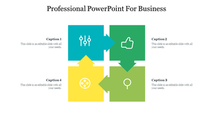Professional PPT template with four interlocking arrows in different colors, each containing an icon and a caption space.