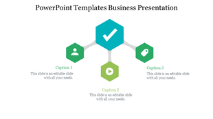 Hexagonal layout with three green shaded icons arranged in a connected pattern with teal checkmark and captions.