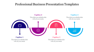 Business layout showing four colorful half circle segments with icons above or below caption text and dotted connectors.
