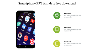 Close-up of a smartphone screen showing app icons, with three green circular placeholders text areas.