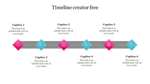 Modern horizontal timeline PPT template with six captions and color coded icons on a white backdrop.