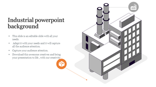 Industrial background slide featuring a 3D illustration of a factory with smokestacks and various structures with text area.