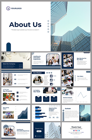 About us slide deck with structured content, including images and graphs, using a blue and white color scheme.