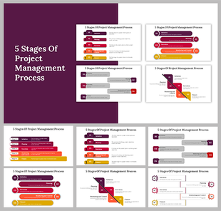 Project management process slides  with five stages, displayed in various layouts and vibrant color themes.