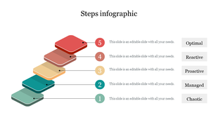 Steps infographic with five stacked blocks in teal, green, yellow, brown, and red, each labeled with a number.