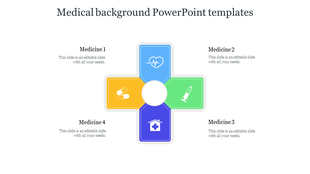 Medical slide with four colored blocks in blue, yellow, green, and purple, arranged in a cross, each with healthcare icon.