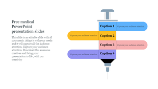 A medical themed PowerPoint slide with a syringe illustration and four colorful captions on a white backdrop.