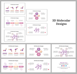 3D molecular designs PowerPoint with multiple slides displaying molecular structures, hexagonal designs, and flow diagrams.