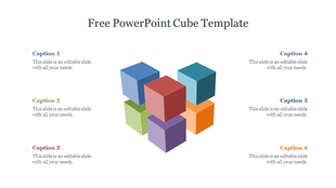 Cluster of six colorful 3D cubes arranged in a circular formation at the center, with caption areas on either side.