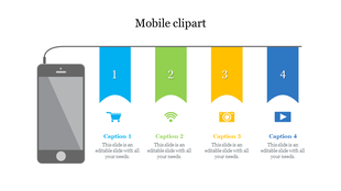 Mobile infographic with a smartphone connected to four vertical banners numbered 1–4, each with icons and captions below.