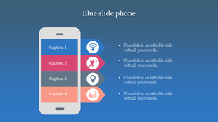 Phone slide layout with four sections in blue, red, gray, and orange containing icons and text, on a dark blue backdrop.