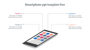 Smartphone-themed template featuring a 3D mobile device with a colorful app grid and four surrounding caption areas.