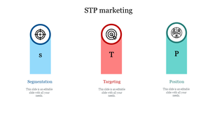 Three-step STP marketing graphic with labeled columns in blue, red, and teal showcasing key concepts.