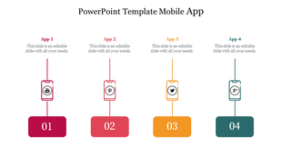 Slide displaying four colored mobile illustrations, each with app icon, and description, with a numbered box below.