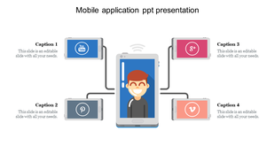 Mobile application PowerPoint slide with icons for YouTube, Pinterest, Google+, and Vimeo, connected by a smartphone.
