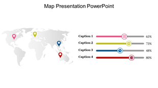 World map with colorful location markers and progress bars in pink, yellow, blue, and red showing percentage values.