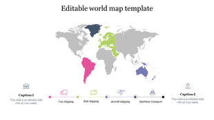 World map template showcasing different regions highlighted in various colors, with shipping modes illustrated below.