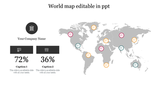 World map PPT slide with country markers, showcasing data percentages for a company with captions on a white backdrop.