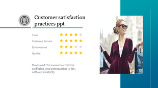 Customer satisfaction slide with star ratings and a smiling woman holding shopping bags with blue right panel.