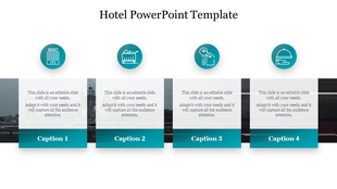 A hotel themed PowerPoint template with four sections featuring icons for a hotel building, luggage cart, key, and food tray.