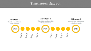 A horizontal timeline with three milestones labeled 2019, 2020, and 2021, each connected by goal markers.