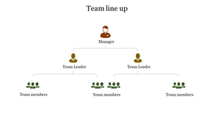 Organizational chart showing manager in brown, two team leaders, and four members in green at the lowest level.