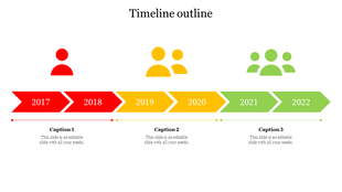 Colorful timeline outlines slide showcasing 2017 to 2022 with captions for each milestone.