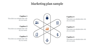 Marketing plan layout with a six section petal design, each featuring a dark blue icon and caption text on the sides.