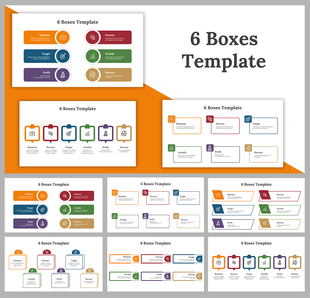 Set of slide deck with different 6-box template designs, each featuring distinct colors and icons for categories.