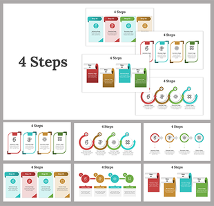 Multiple four-step slide deck featuring different layouts and colors, each highlighting a sequence of four steps.