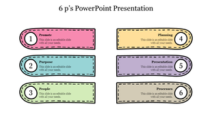 Six colorful stitched tabs labeled with numbers 1 to 6, representing from promote to processes.