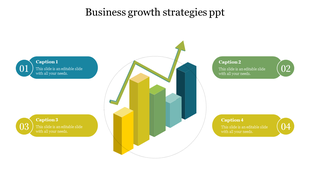 Bar chart in yellow, green, and blue tones with an upward arrow, surrounded by four colored captions.