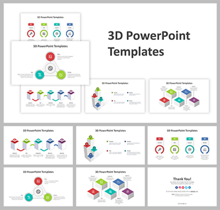 Grid layout slide deck showing ten 3D template designed thumbnails with colorful cube and step graphics.