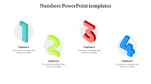 3D numbers 1 to 4 in teal, green, red, and blue, each with a round background and text placeholders.