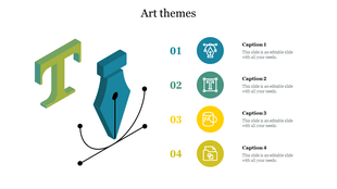 Slide with an art theme featuring an isometric pen nib, letter T, and curved design paths, with four numbered captions.
