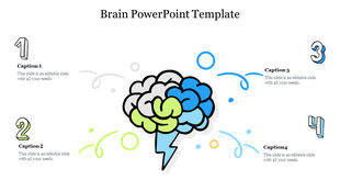 Colorful brain PowerPoint template with four numbered sections for captions.