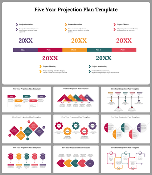 Slide deck showing five year projection plans with diamond, gear, and arrow shaped designs in various colors.