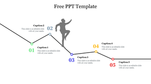 Free timeline with five numbered steps in colored circles and a silhouette figure at the center, with captions beside each.