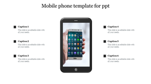 Central smartphone image displaying app icons with six captions in black squares evenly placed around it.
