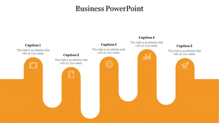 Business themed slide with five orange upward curves, each topped with a white business icon and a caption areas above.