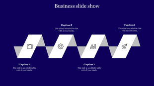 Business themed slide with a folded ribbon shape and four icons representing stages, accompanied by caption areas.