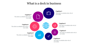 Business themed radial layout with seven labeled segments featuring icons for elements like teamwork and communication.