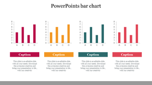 Four colored bar charts in red, yellow, green, and orange, each with captions below, displayed on a white background.