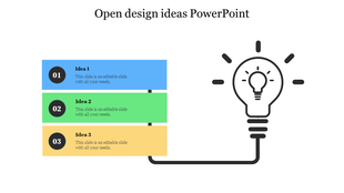 Conceptual lightbulb with three horizontal text boxes in blue, green, and yellow highlighting ideas.