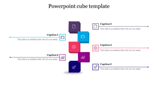 PowerPoint slide with five colorful 3D cubes, each representing different sections and icons.