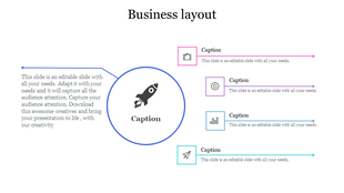 Business layout PPT slide with a central rocket icon and four surrounding icons for various business concepts.