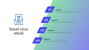 Email virus attack PowerPoint slide featuring an icon of an infected email and numbered captions for details.