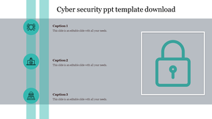 Cybersecurity template with three circular icons and a large lock graphic in green theme, on a gray background.